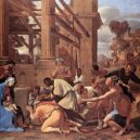 Poussin - Klanění Tří králů, 1633 – králové předtsavují jak tři věky člověka, tak tři světadíly-Rvropu, Asii a Afriku – wikipedie