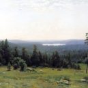 Šiškin - Lesní dálavy – Napravo stojí osamělá borovice a zlehka se naklání. V řadě s ní leží dva balvany jako dva náhrobky – wikipedia