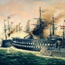 Bitva u Visu 1866 - SMS Kaiser taranuje italský obrněnec Re di Portogallo na malbě Eduarda Nezbedy z roku 1911 – wikipedie