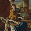 Poussin - Svatá Cecílie, 1627 až 1628- světice hraje na klávesový nástroj, anděl odhrnuje závěs a otevírá se pohled do krajin-Museo del Prado-wikipedie