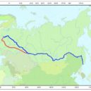 Transsibiřská magistrála - Transsibiřská magistrála – červená trase je původní, modrá se používá dnes – wikipedia