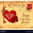 Svátek sv. Valentýna - Vintage valentine card with key, heart and roses