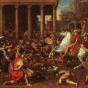 Poussin - Zapálení Jeruzalémského chrámu II, 1635-Římský vojevůdce a císař Titus na bílém koni chce zabránit zapálení chrámu, ale přijel pozdě-wikipedie