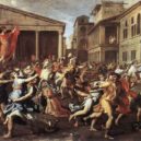 Poussin - Únos Sabinek, 1633-Římané se zmocnili sabinských žen a pojali je za manželky-Romulus v červeném plášti vlevo-wikipedie