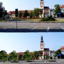 Revitalizace historického jádra města Slaný. Návrh úprav Masarykova náměstí (Sýkora a kol.) - Vizualizace úprav Masarykova náměstí_stávající stav versus návrh úprav 1