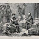 Setkání dr. Livingstonea a Stanleye - David Livingstone a Henry Morton Stanley, ve střední Africe, čtou britské noviny (Punch and the Graphic) -commons-wikimedia
