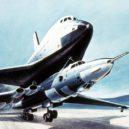 Buran - Umělcova koncepce sovětského kosmického raketoplánu na vrcholu bombardovacího letounu M-4 Bison (1985) – commons.wikimedia
