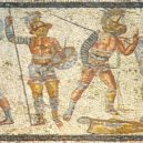 Konec gladiátorských her - Gladiátoři na mozaice v římském městě Leptis Magna v dnešní Libyi – wikipedie