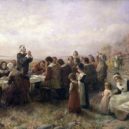 Přistání lodi Mayflower 1620 - Jennie Augusta Brownscombe, první Díkuvzdání v Plymouth (1914, Pilgrim Hall Museum, Plymouth, Massachusetts) – wikipedia