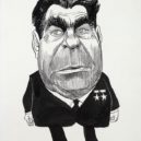 Brežněv – rozorání celin - Karikatura sovětského vůdce Brežněva v černém obleku a se dvěmi medailemi – wikimedia.commons