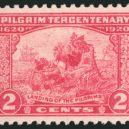 Přistání lodi Mayflower 1620 - Přistání poutníků na americké poštovní známce v hodnotě 2 centy (1920) – wikipedia