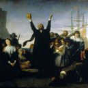 Přistání lodi Mayflower 1620 - Vylodění Otců poutníků v roce 1620 dle představ malíře Antonia Gisberta – wikipedie