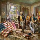 První vlajka USA - Betsy Ross and two children presenting the Betsy Ross flag to George Washington and three other men -wikimedia.common –