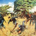 Gatling - Poster depicting soldiers fighting in a field while guns from Lt. John H. Parker’s gatling gun detachment fire in the background -wikimedia.commons –